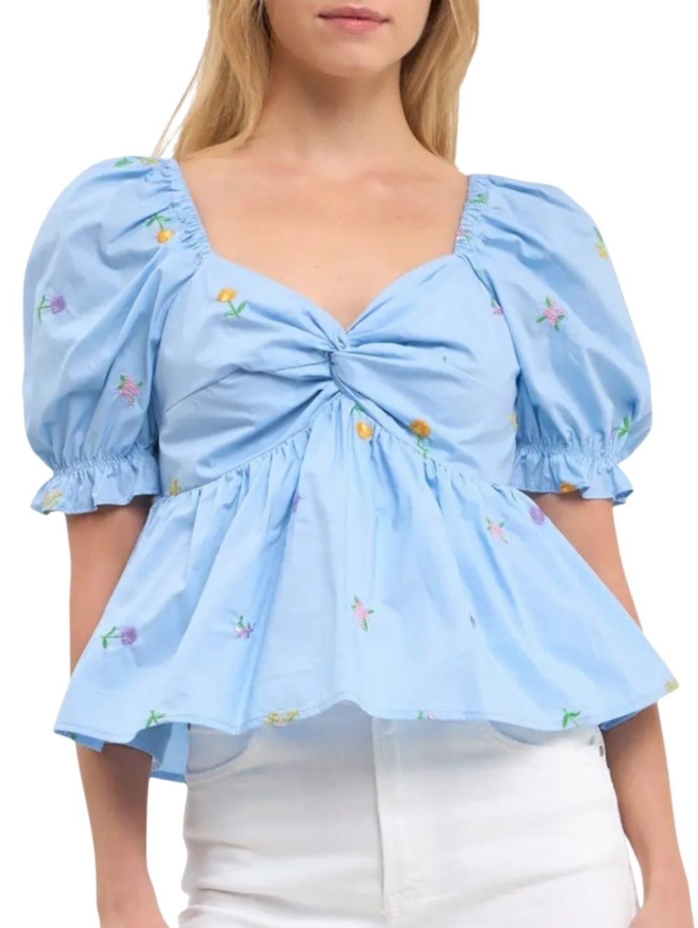 English Factory Peplum Top Size XS Blue Floral Embroidered Babydoll Puff-Sleeve